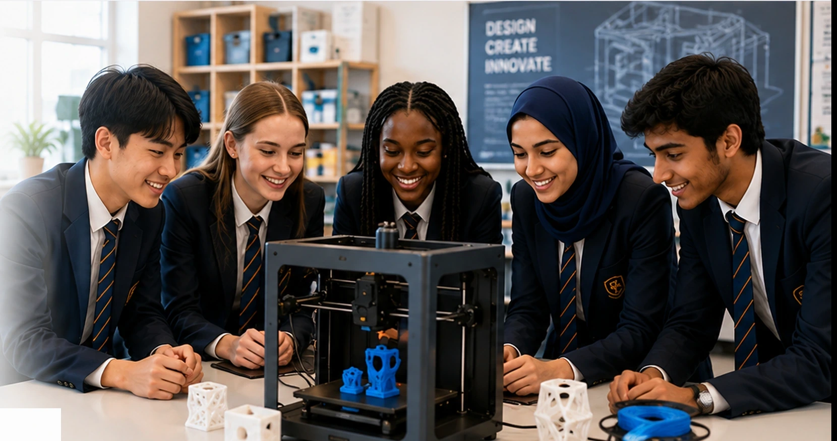 Students working together around a 3D printer