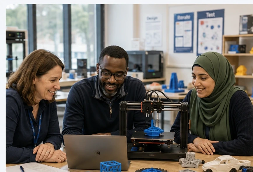 An educator receiving practical support with a 3D printed model